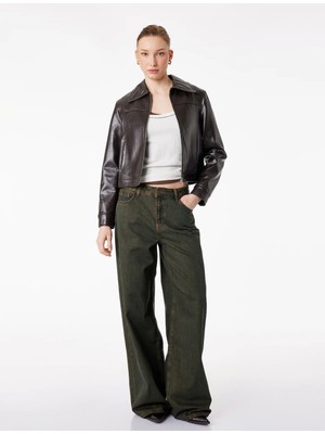 Koton Bol Kalıp Düğmeli Cepli Yıkamalı Geniş Paça Denim Pantolon - Loose Straight Fit Jean