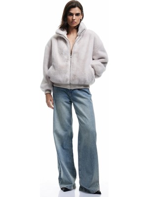 Koton Fermuarlı Dik Yaka Cepli Suni Kürk Peluş Oversize Crop Mont