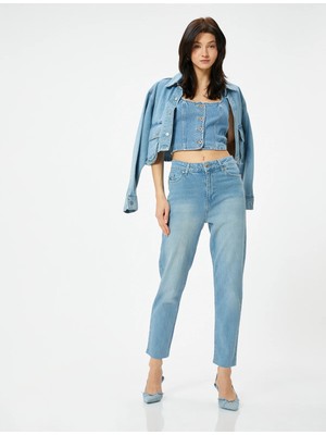 Koton Yüksek Bel Kot Pantolon Rahat Kesim Hafif Dar Paça - Mom Slim Jeans