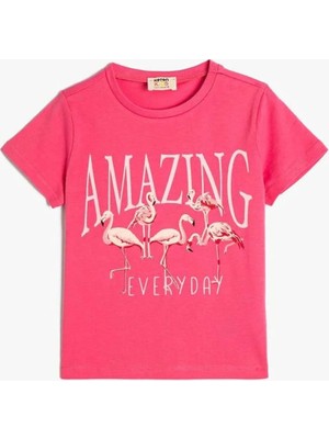 Koton Flamingo Baskılı Kısa Kollu Bisiklet Yaka Pamuklu