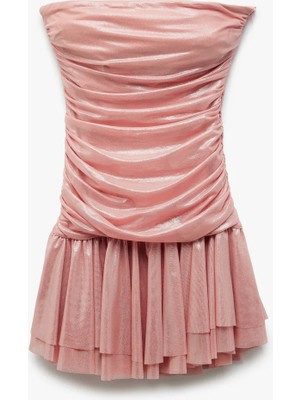 Koton Drape Detaylı Kolsuz Straplez Volanlı Mini Abiye Elbise