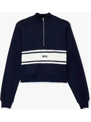 Şardonlu Kolej Temalı Uzun Kollu Dik Yaka Yarım Fermuarlı Crop Sweatshirt
