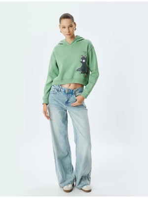 Koton Crop Oversize Sweatshirt Kapüşonlu Kedi Baskılı Şardonlu