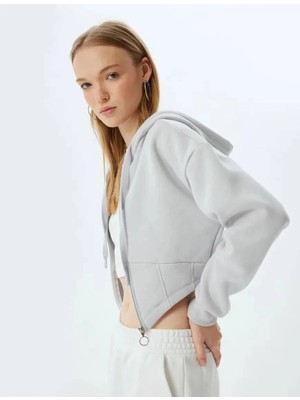 Crop Sweatshirt Kapüşonlu Fermuarlı Korse Detaylı Cepli Şardonlu