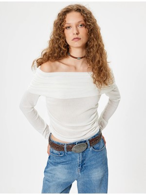 Koton Madonna Yaka Tişört Uzun Kollu Drapeli Slim Fit Viskon Karışımlı