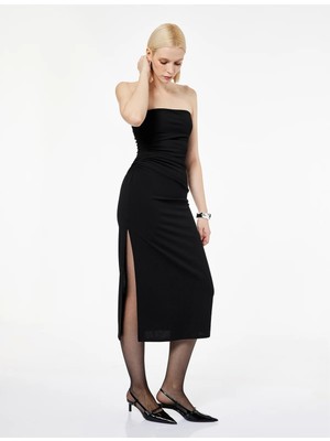 Krep Scuba Kumaş Slim Fit Drape Detaylı Straplez Kalem Elbise