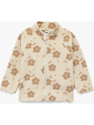 Dik Yaka Uzun Kollu Fermuarlı Çiçekli Polar Sweatshirt