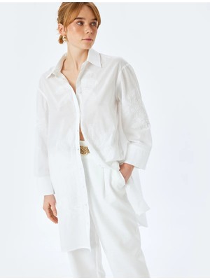 Koton Pamuklu Floral Işleme Detaylı 3/4 Kol Gömlek Yaka Uzun Oversize Tunik