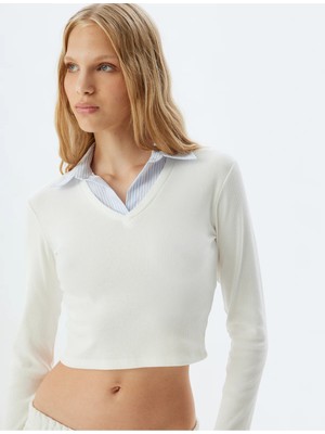 Koton Gömlek Yaka Tişört Uzun Kollu Kaşkorse Pamuklu Slim Fit