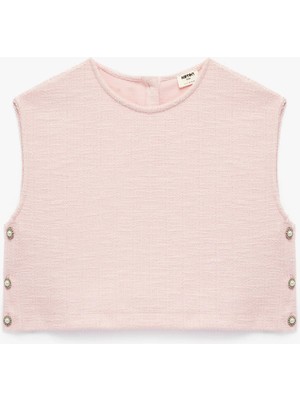 Koton Inci Düğme Detaylı Bisiklet Yaka Kolsuz Crop Tüvit Bluz