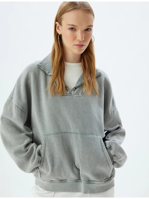 Koton Oversize Sweatshirt Yarım Fermuarlı Kanguru Cepli Yıkamalı Dik Yaka
