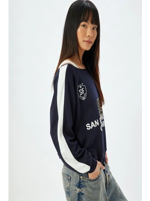 Koton Oversize Kolej Sweatshirt Arkası Baskılı Kayık Yaka Şardonlu