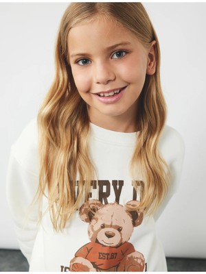Üç Iplik Ayıcık Baskılı Uzun Kollu Bisiklet Yaka Sweatshirt
