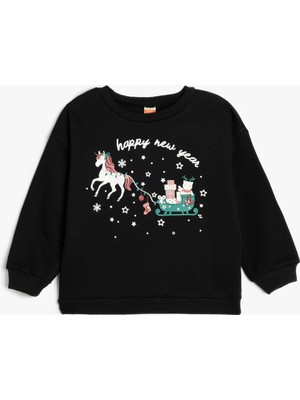 Koton Sweatshirt Yılbaşı Baskılı Uzun Kollu Bisiklet Yaka Pamuklu Şardonlu