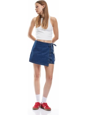 Koton Pamuklu Bağlama Detaylı Mini Denim Şort Etek
