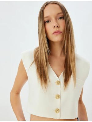 Koton x Zeynep Bastık - Crop Blazer Yelek V Yaka Gold Düğmeli