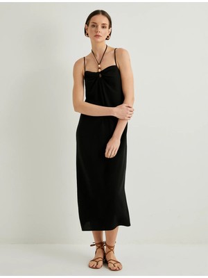Koton Keten Karışımlı Elbise Midi Boy Askılı Boncuk Detaylı Slim Fit