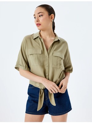 Koton Bağlama Detaylı Viskon Kısa Kollu Crop Oversize Gömlek