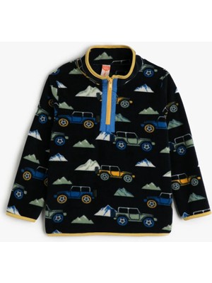 Koton Sweatshirt Dik Yaka Yarım  Fermuarlı Uzun Kollu Baskı Detaylı Şardonlu