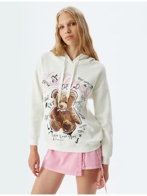 Koton Kapüşonlu Sweatshirt Ayı Baskılı Sloganlı Rahat Kalıp