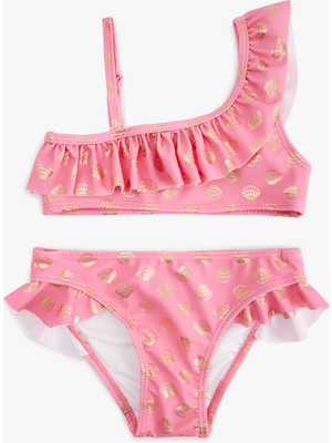 Koton Fırfırlı Parlak Baskılı Tek Omuz Ince Askılı Bikini Takımı