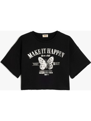 Koton Kelebek Baskılı Kısa Kollu Pamuklu Crop Tişört