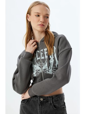 Koton Crop Sweatshirt Fermuarlı Kapüşonlu Korse Detaylı Baskılı Slim Fit Şardonlu