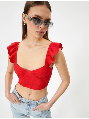 Koton Fırfırlı Crop Bluz Arkası Bağlamalı Kolsuz Kalp Yaka Slim Fit