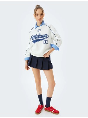 Koton Arkası Baskılı Kolej Temalı Bisiklet Yaka Şardonlu Biyeli Sweatshirt