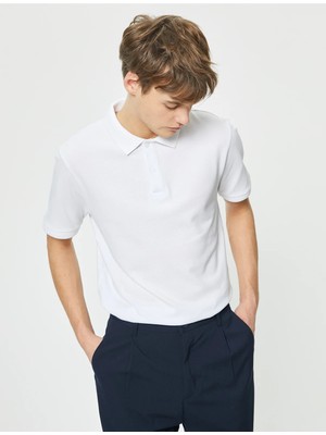 Koton Yakalı T-Shirt Düğmeli Slim Fit - Koton - 4Sam10108Mk - Beyaz - Xl