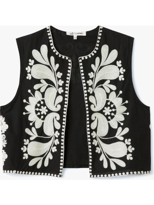 Koton Aplike Nakışlı Bisiklet Yaka Kolsuz Crop Yelek