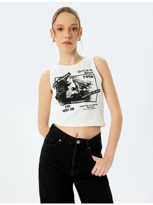 Koton Baskılı Crop Slim Fit Bisiklet Yaka Kolsuz Atlet