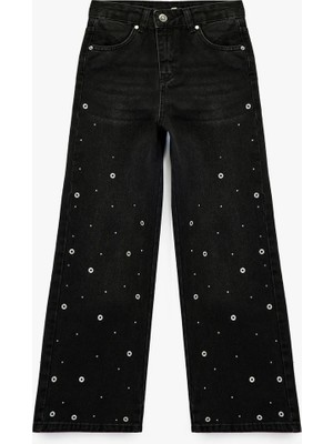 Pamuklu Loose Fit Zımba Detaylı Geniş Paça Denim Pantolon