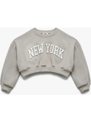 Uzun Kollu Bisiklet Yaka Şardonlu Baskılı Crop Sweatshirt