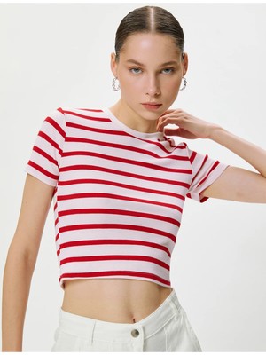 Koton Crop Tişört Kısa Kollu Viskon Kumaş Karışımlı
