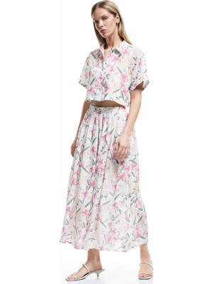 Koton Pile Detaylı Yüksek Bel Midi Kloş Çiçekli Etek