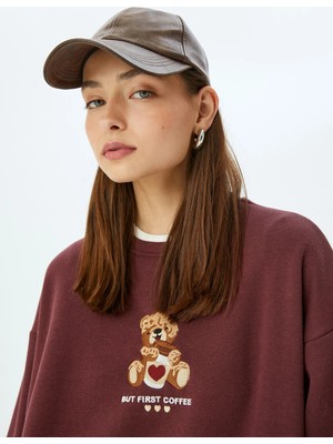 Koton Ayı Işlemeli Sloganlı Bisiklet Yaka Şardonlu Oversize Sweatshirt