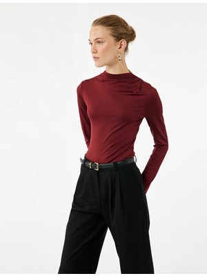 Koton Slim Fit Hafif Dik Yaka Drape Detaylı Uzun Kollu Bodysuit