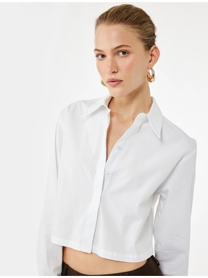 Koton Uzun Kollu Klasik Yaka Oversize Poplin Crop Gömlek