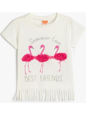 Koton Püsküllü Flamingo Baskılı Kısa Kollu Ekru Kız Bebek T-Shirt 5SMG10007AK