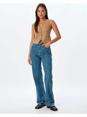 Koton Düz Uzun Paça Kot Pantolon Standart Bel Düğmeli Pamuklu - Longer Straight Fit Jean