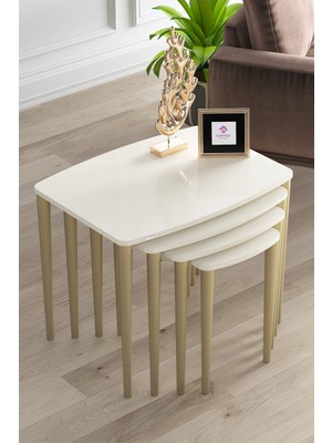 Canisa Concept Anka Serisi 4 Lü Zigon Sehpa Takımı MDF Modern Tasarım Krem-Gold Renk