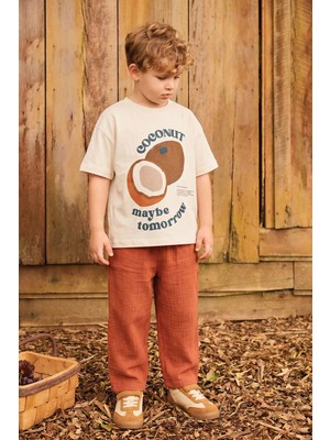 Cigit Organic Pantolonlu Coconut Baskılı T-Shırt Takım Ekru