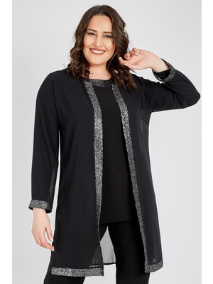 Ladies First Büyük Beden 3717 Siyah Gümüş Ceket+Bluz İkili Takım Şık ve Rahat Kadın Stili