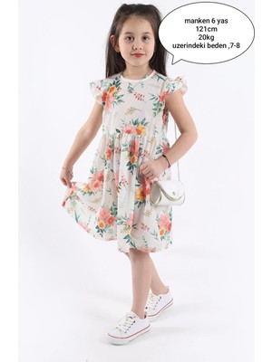 Aden Kids Çiçek Desenli Kız Çocuk Elbisesi - Günlük Stil Fırfırlı Silüet Çanta ile