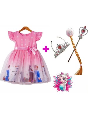 Aden Kids Pembe Elsa Prenses Kostümü Artı Asa Seti - Frozen Temalı Doğum Günü Ve Parti Elbisesi Çocuklar İçin
