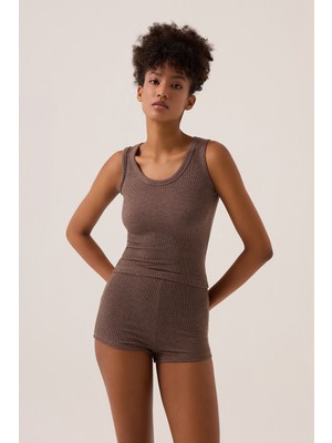 Los Ojos x Ece Kahverengi Modal Kumaşlı Askılı Şortlu Pijama Takımı Ribbed Pj3