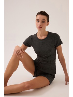 Los Ojos x Ece Antrasit Modal Kumaşlı Kısa Kollu Şortlu Pijama Takımı Ribbed Pj4