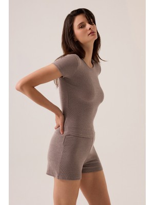 Los Ojos x Ece Vizon Modal Kumaşlı Kısa Kollu Şortlu Pijama Takımı Ribbed Pj4