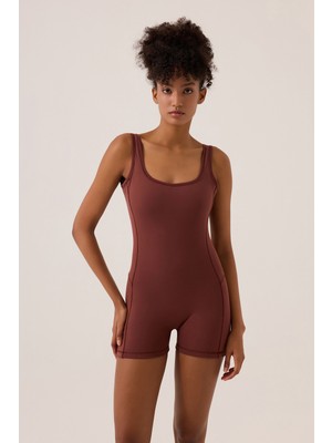 Los Ojos x Ece Bordo Kare Yaka Askılı Kısa Spor Tulum Unitard